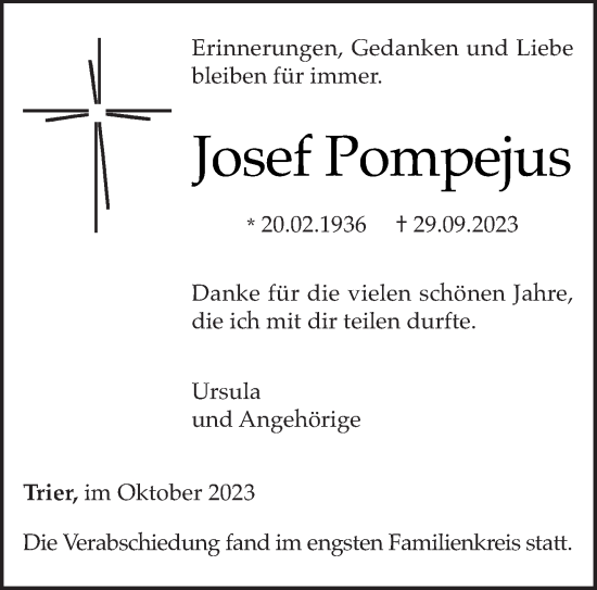 Traueranzeige von Josef Pompejus von trierischer_volksfreund