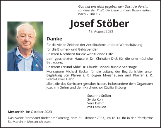 Traueranzeige von Josef Stöber von trierischer_volksfreund