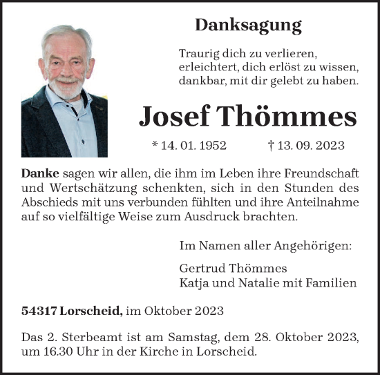 Traueranzeige von Josef Thömmes von trierischer_volksfreund