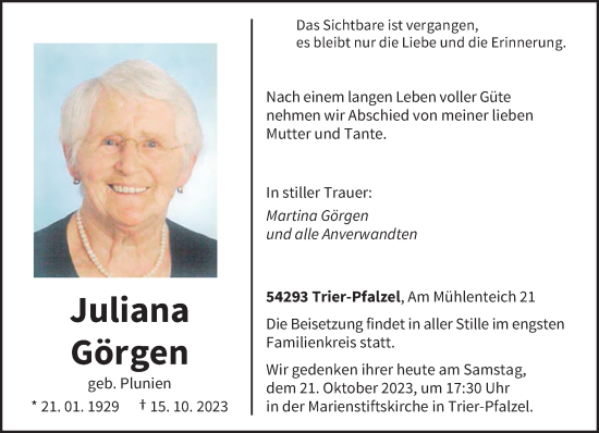 Traueranzeige von Juliana Görgen von trierischer_volksfreund