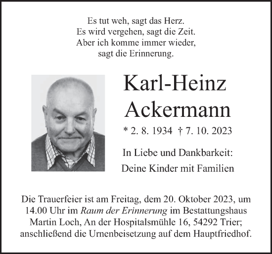 Traueranzeige von Karl-Heinz Ackermann von trierischer_volksfreund