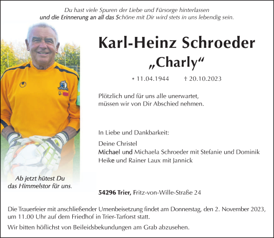 Traueranzeige von Karl-Heinz Schroeder von trierischer_volksfreund
