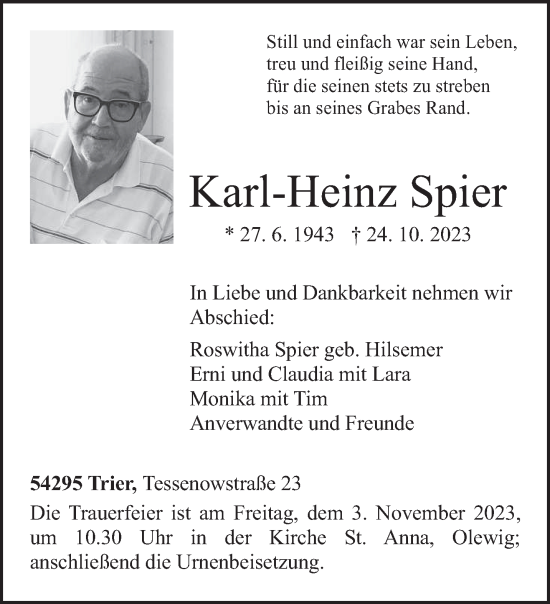Traueranzeige von Karl-Heinz Spier von trierischer_volksfreund