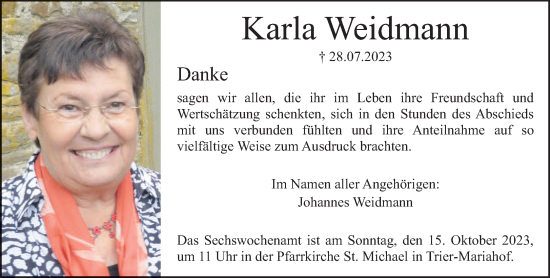 Traueranzeige von Karla Weidmann von trierischer_volksfreund