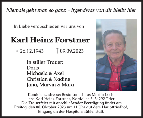 Traueranzeige von Karl Heinz Forstner von trierischer_volksfreund