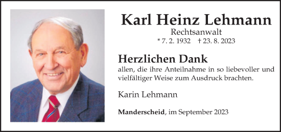 Traueranzeige von Karl Heinz Lehmann von trierischer_volksfreund