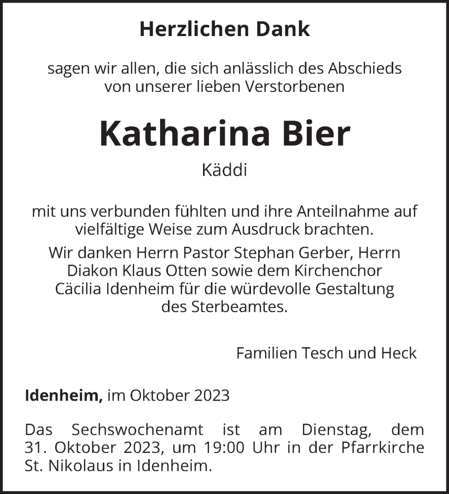  Traueranzeige für Katharina Bier vom 25.10.2023 aus trierischer_volksfreund