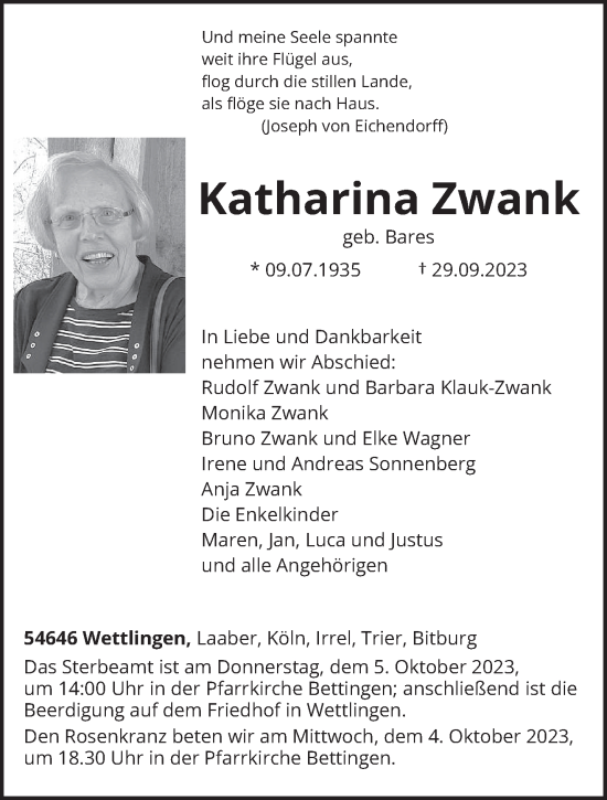 Traueranzeige von Katharina Zwank von trierischer_volksfreund