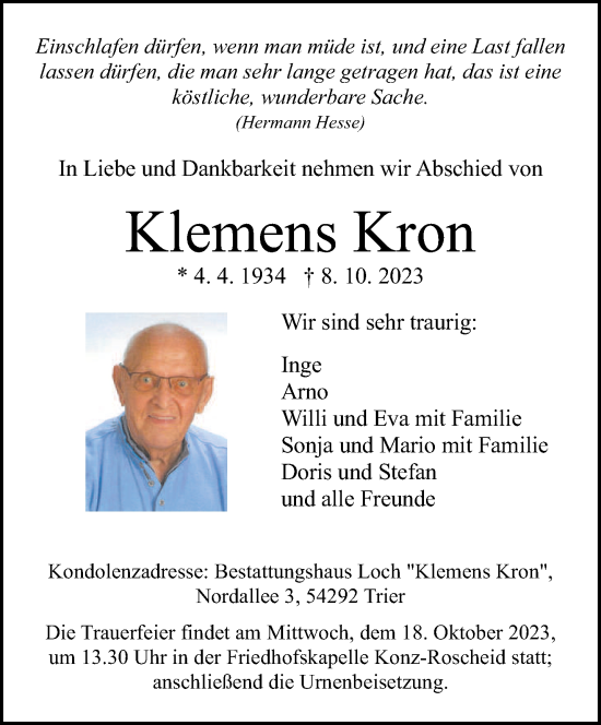 Traueranzeige von Klemens Kron von trierischer_volksfreund