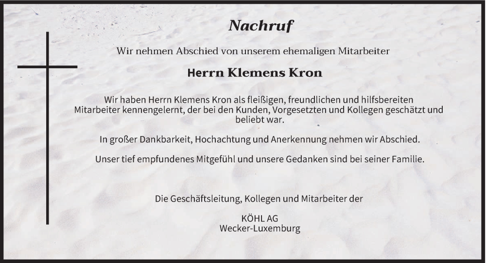  Traueranzeige für Klemens Kron vom 21.10.2023 aus trierischer_volksfreund