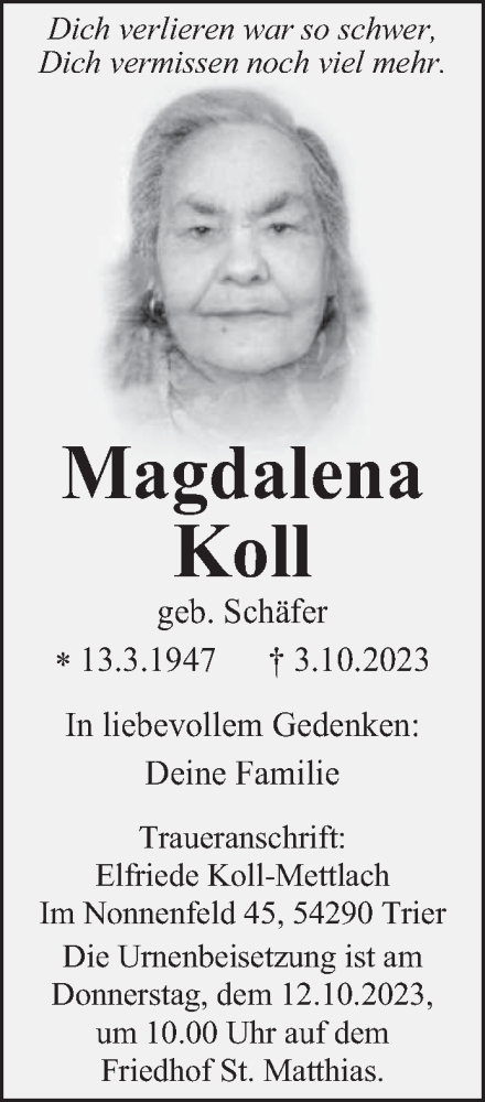  Traueranzeige für Magdalena Koll vom 10.10.2023 aus trierischer_volksfreund
