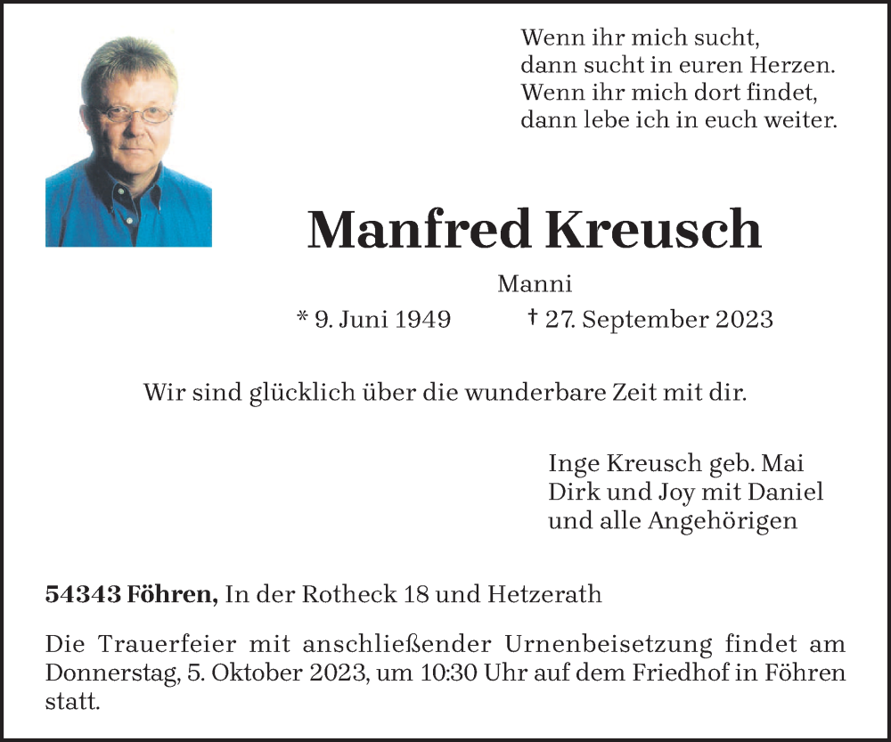 Traueranzeige für Manfred Kreusch vom 30.09.2023 aus trierischer_volksfreund