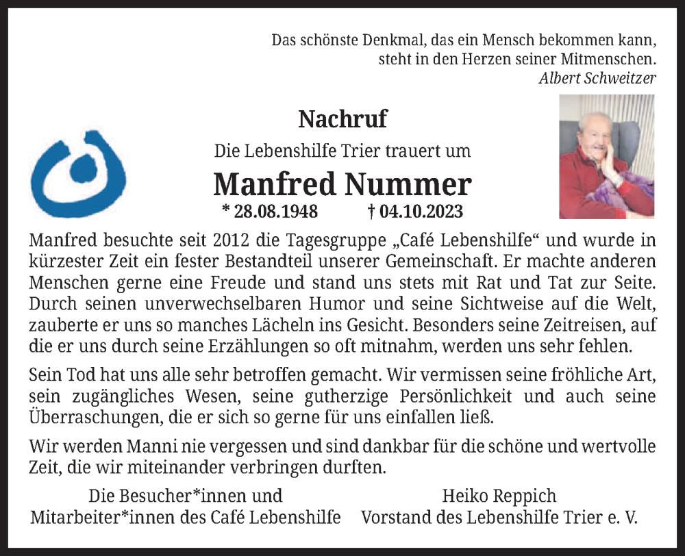  Traueranzeige für Manfred Nummer vom 28.10.2023 aus trierischer_volksfreund