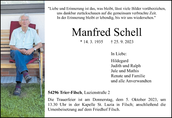Traueranzeige von Manfred Schell von trierischer_volksfreund