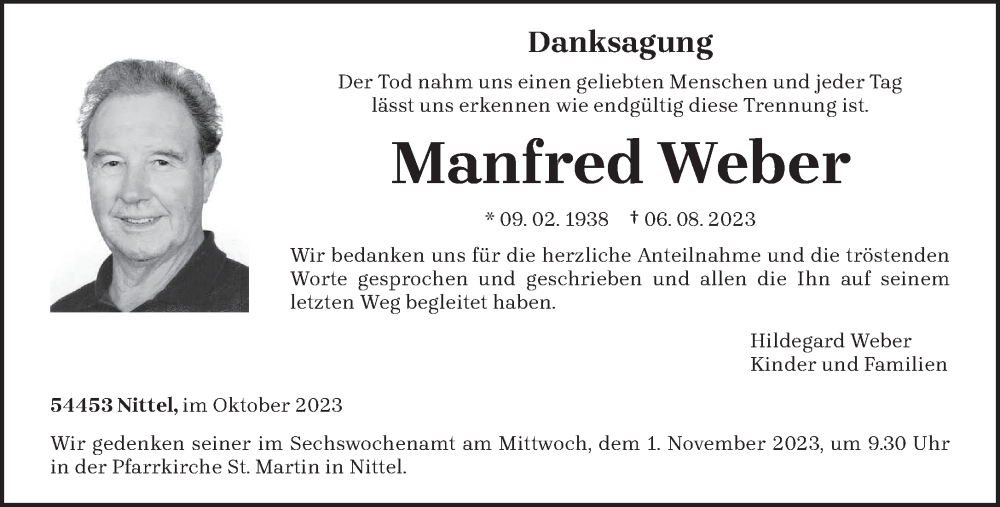  Traueranzeige für Manfred Weber vom 28.10.2023 aus trierischer_volksfreund