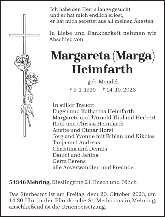Traueranzeige von Margareta Heimfarth von trierischer_volksfreund