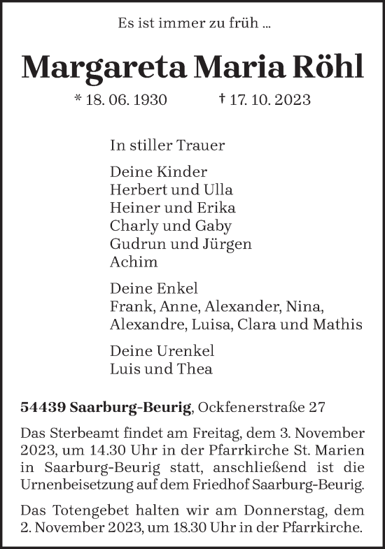 Traueranzeige von Margareta Maria Röhl von trierischer_volksfreund