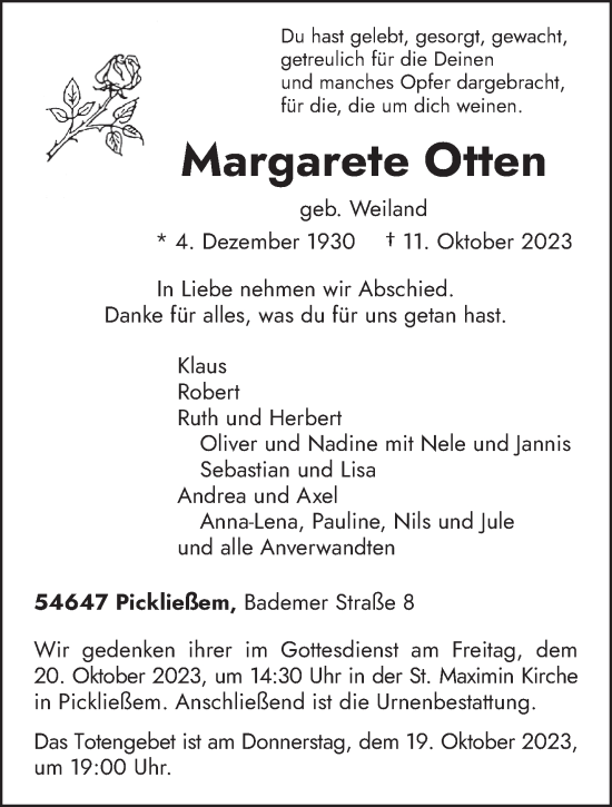 Traueranzeige von Margarete Osten von trierischer_volksfreund