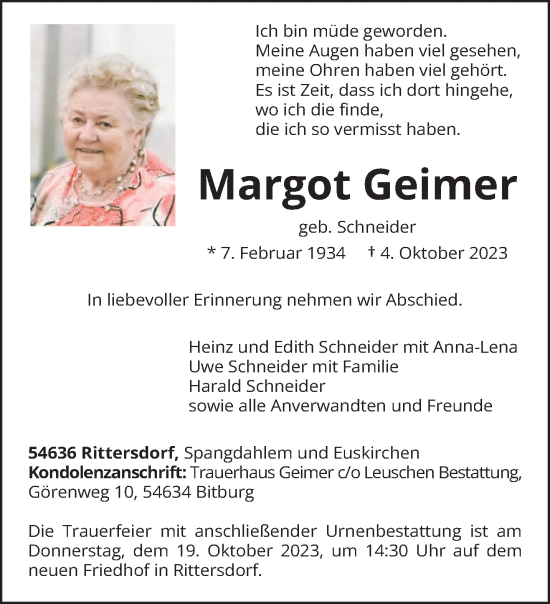 Traueranzeige von Margot Geimer von trierischer_volksfreund