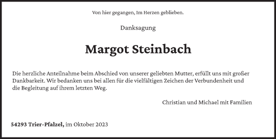 Traueranzeige von Margot Steinbach von trierischer_volksfreund