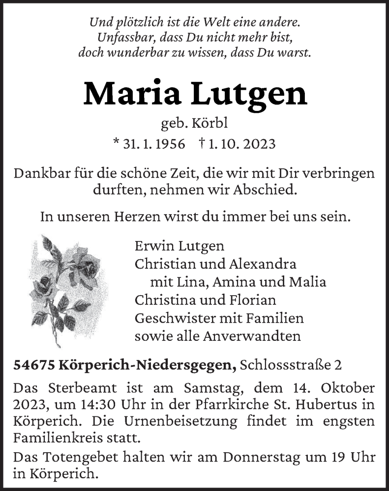  Traueranzeige für Maria Lutgen vom 07.10.2023 aus trierischer_volksfreund