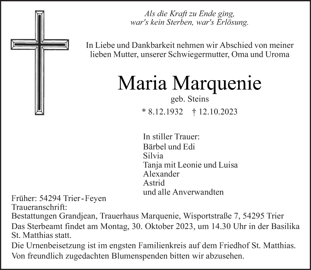  Traueranzeige für Maria Marquenie vom 21.10.2023 aus trierischer_volksfreund