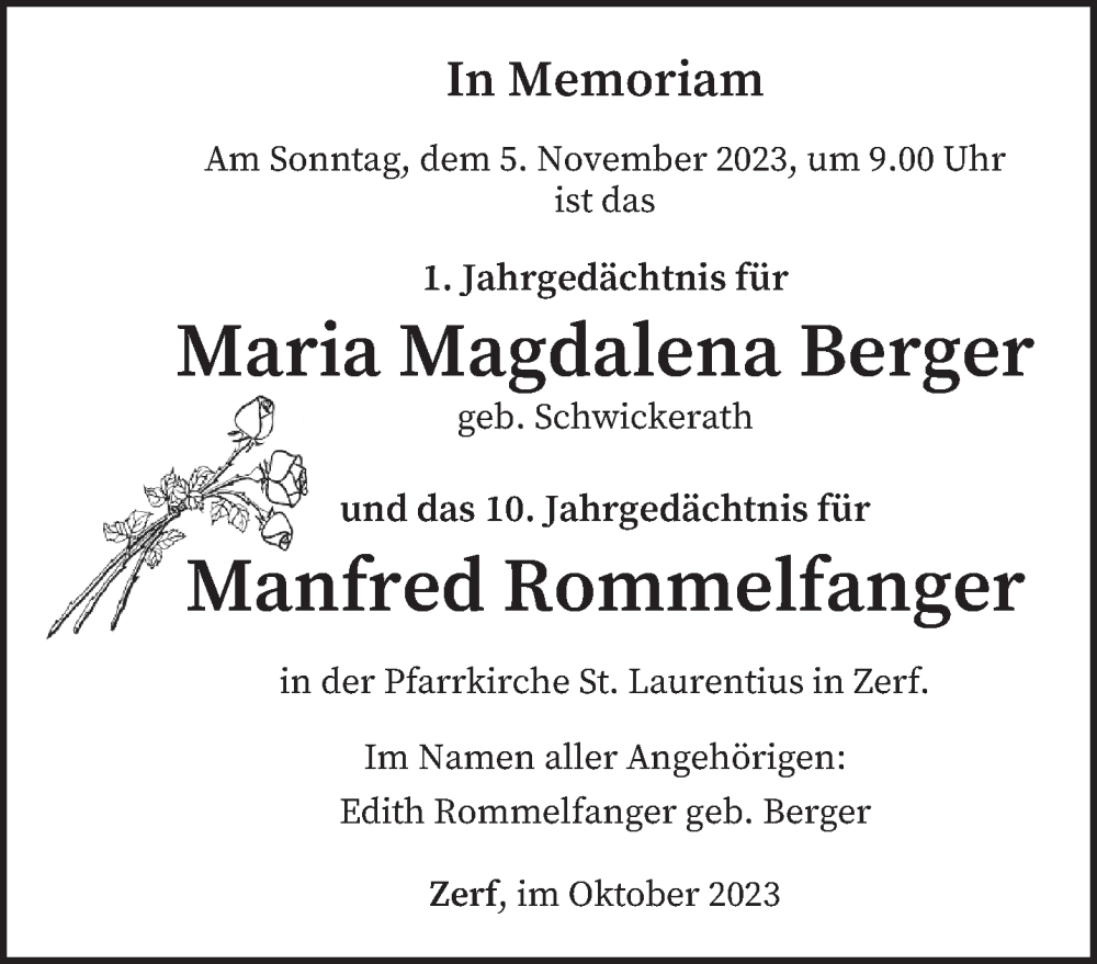  Traueranzeige für Maria Magdalena und Manfred Berger, Rommelfanger vom 28.10.2023 aus trierischer_volksfreund