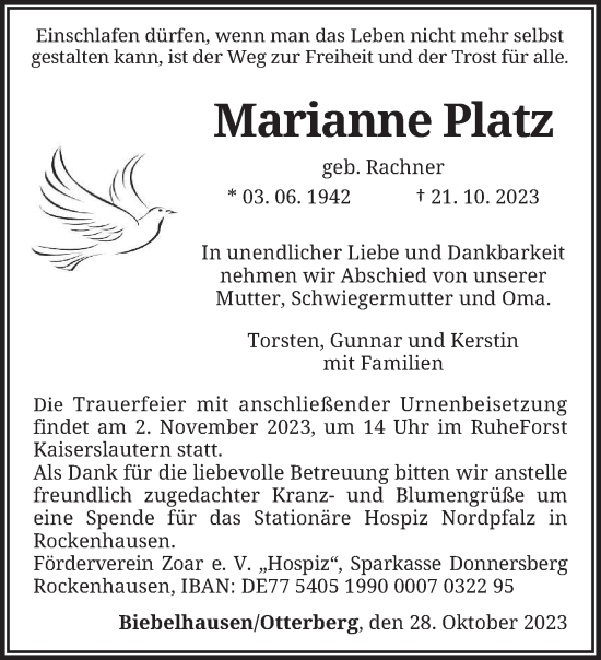 Traueranzeige von Marianne Platz von trierischer_volksfreund