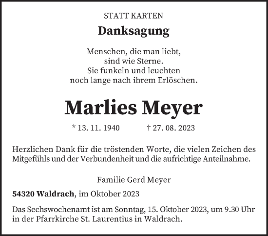 Traueranzeige von Marlies Meyer von trierischer_volksfreund