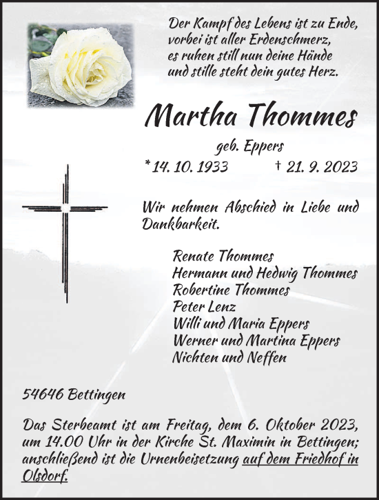 Traueranzeige von Martha Thommes von trierischer_volksfreund