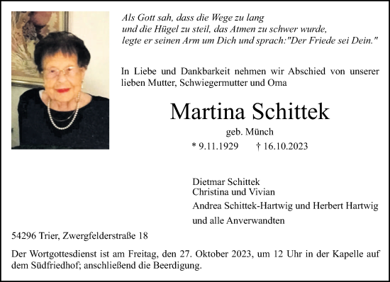 Traueranzeige von Martina Schittek von trierischer_volksfreund