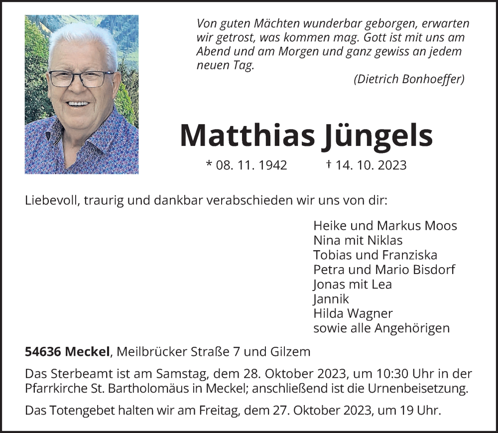  Traueranzeige für Matthias Jüngels vom 21.10.2023 aus trierischer_volksfreund