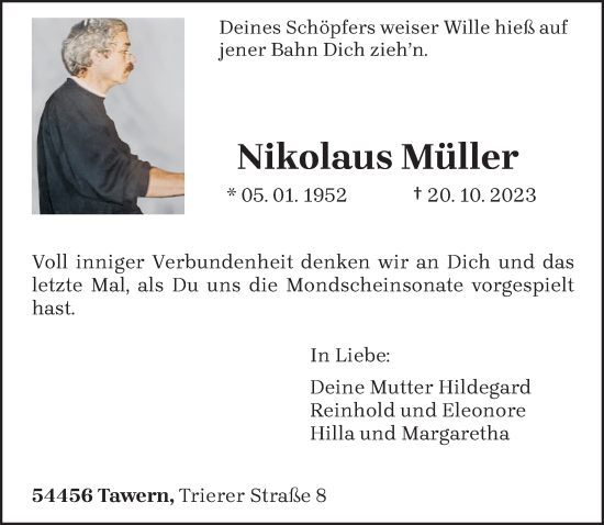 Traueranzeige von Nikolaus Müller von trierischer_volksfreund