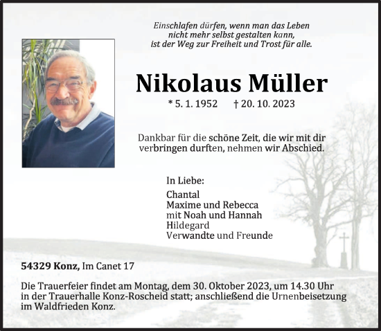 Traueranzeige von Nikolaus Müller von trierischer_volksfreund