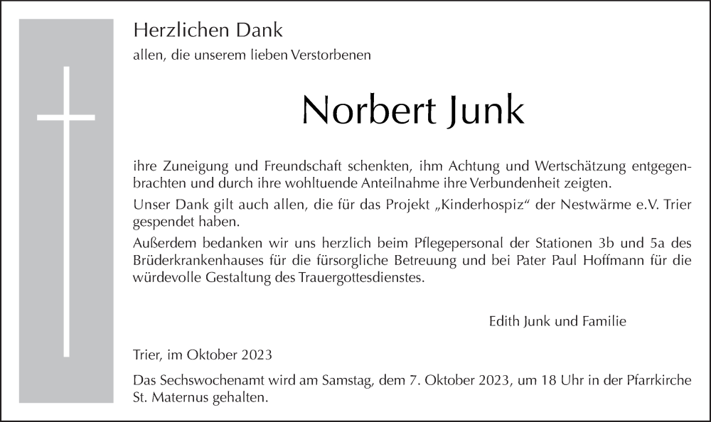  Traueranzeige für Norbert Junk vom 04.10.2023 aus trierischer_volksfreund