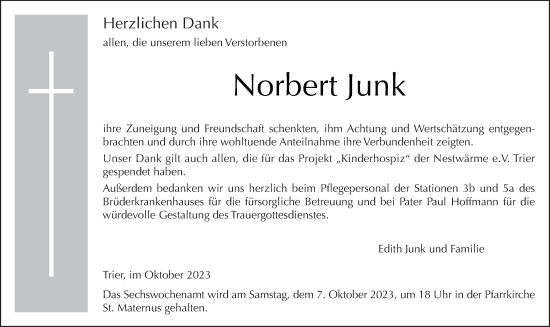 Traueranzeige von Norbert Junk von trierischer_volksfreund