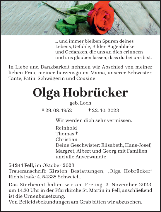 Traueranzeige von Olga Hobrücker von trierischer_volksfreund