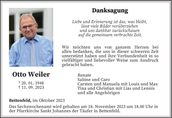 Traueranzeige von Otto Weiler von trierischer_volksfreund