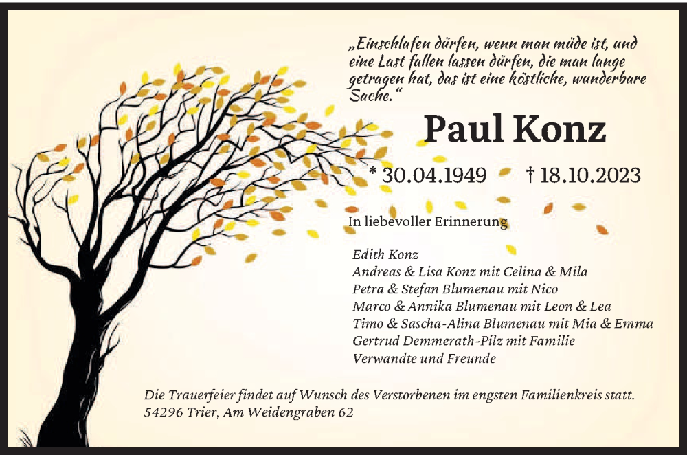  Traueranzeige für Paul Konz vom 28.10.2023 aus trierischer_volksfreund