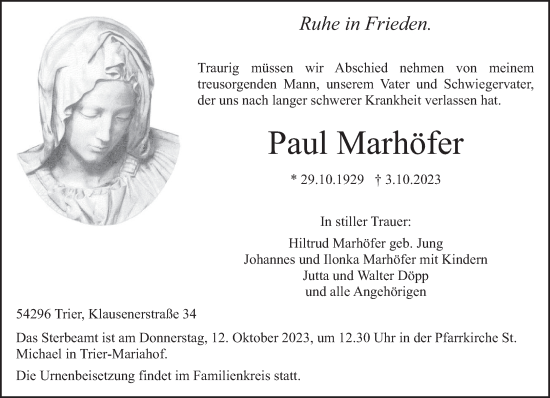 Traueranzeige von Paul Marhöfer von trierischer_volksfreund