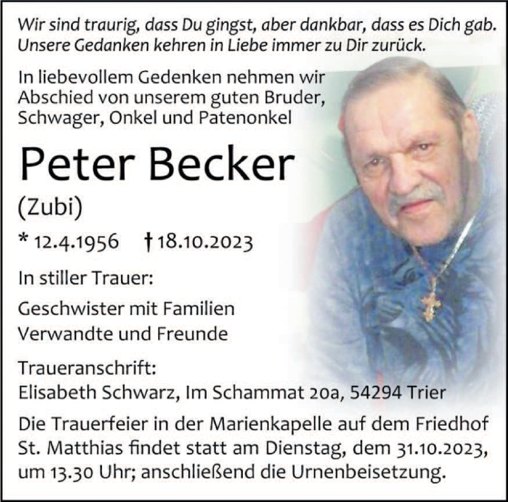  Traueranzeige für Peter Becker vom 25.10.2023 aus trierischer_volksfreund