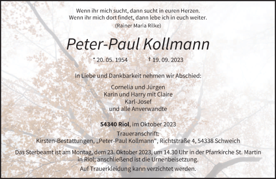 Traueranzeige von Peter-Paul Kollmann von trierischer_volksfreund