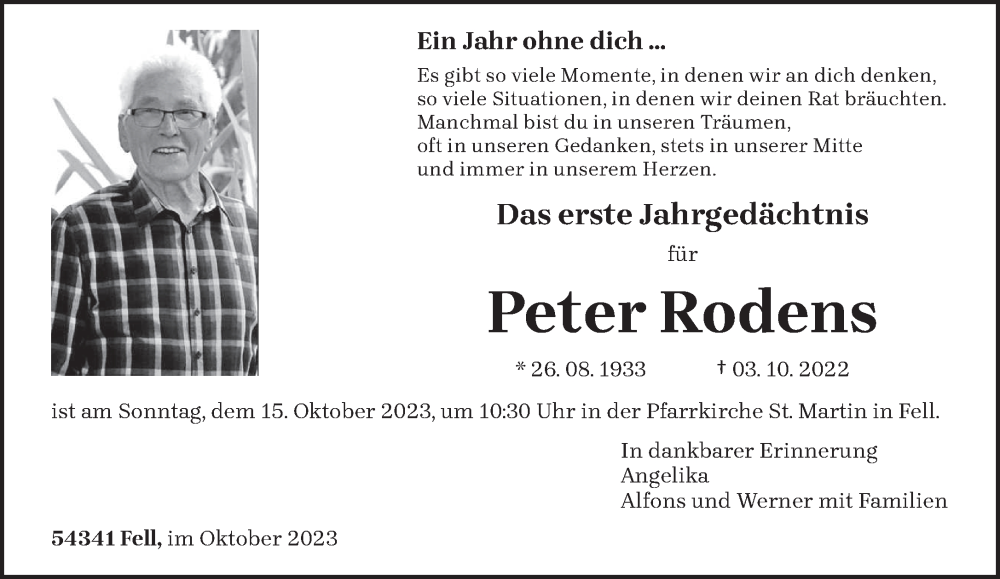  Traueranzeige für Peter Rodens vom 07.10.2023 aus trierischer_volksfreund