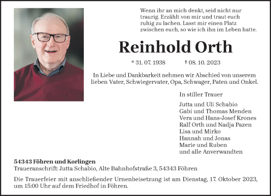 Traueranzeige von Reinhold Orth von trierischer_volksfreund