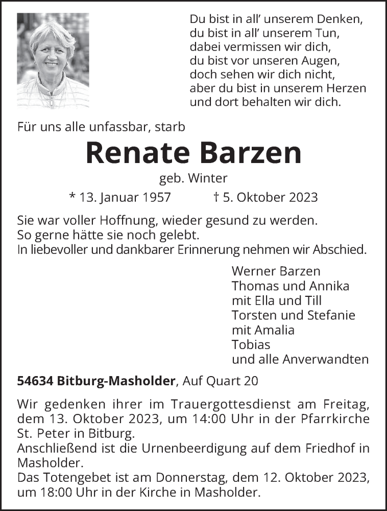  Traueranzeige für Renate Barzen vom 07.10.2023 aus trierischer_volksfreund