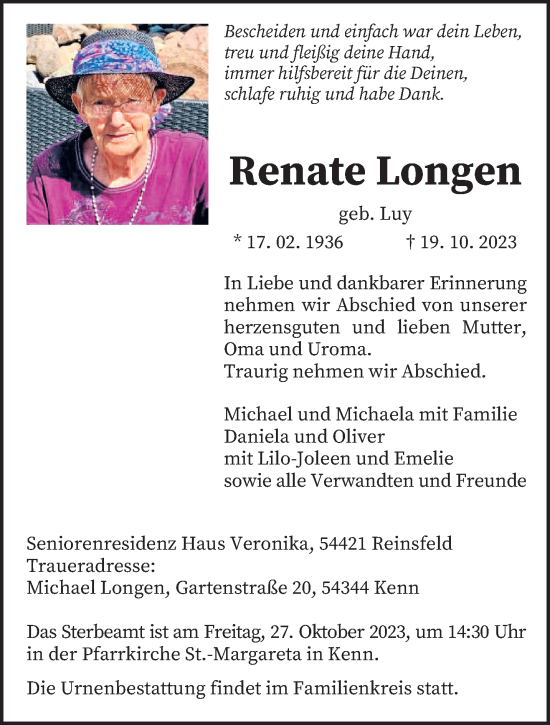 Traueranzeige von Renate Longen von trierischer_volksfreund