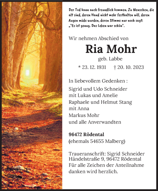 Traueranzeige von Ria Mohr von trierischer_volksfreund