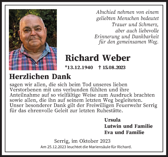 Traueranzeige von Richard Weber von trierischer_volksfreund