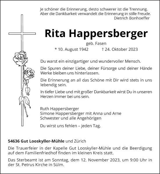 Traueranzeige von Rita Happersberger von trierischer_volksfreund