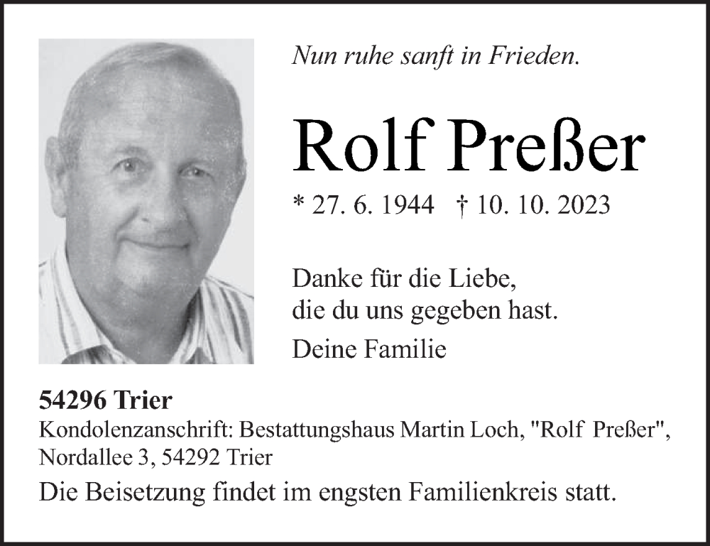  Traueranzeige für Rolf Preßer vom 18.10.2023 aus trierischer_volksfreund